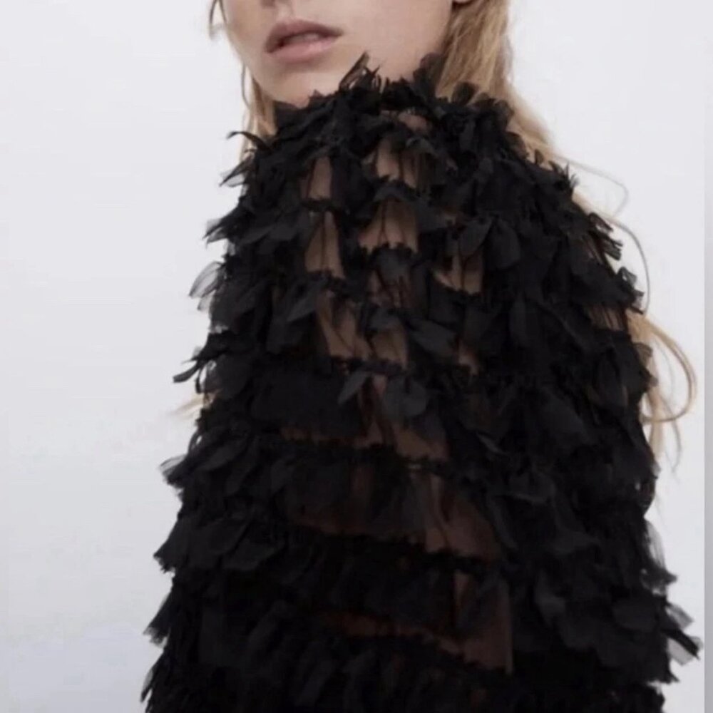 ✨ NWT Zara Black Tulle Fringe Mini Dress Small Puff Sleeve Ruffle 🖤 - Picture 5 of 16